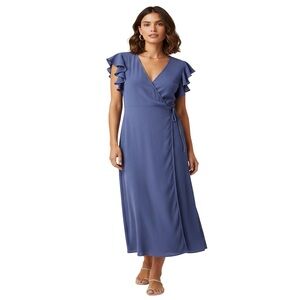 Ruffled Sleeve indigo long dress. Size Small, shoulder width 13”, length is 54”